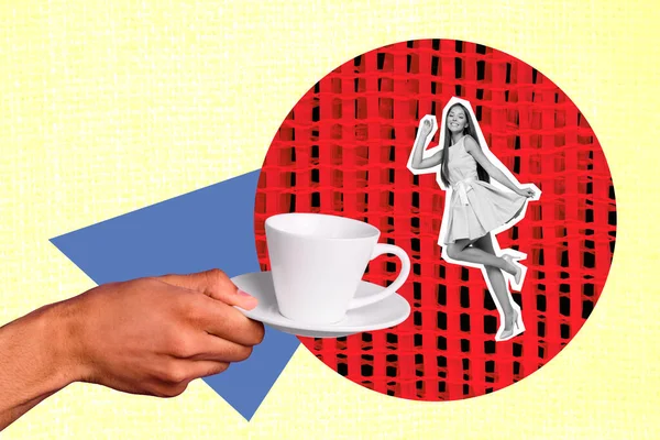 Collage Bild Von Arm Halten Kaffeetasse Teller Mini Schwarz Weiß — Stockfoto