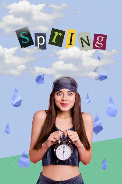 Vertical Collage Image Positive Girl Hands Hold Bell Ring Clock — Stock Photo, Image