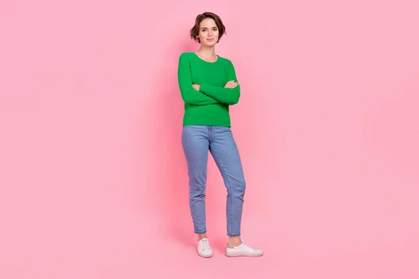 Pełna Długość Zdjęcie Wspaniały Uroczy Lady Nosić Zielone Stylowe Ubrania — Zdjęcie stockowe