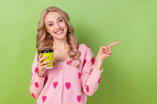 Portrait Young Girl Blonde Hair Strawberry Cardigan Hold Coffee Demonstrate — Stock Photo, Image