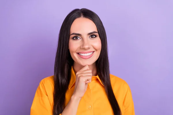 Portrait Satisfied Toothy Beaming Woman Straight Hairdo Oversize Shirt Finger — Stock Photo, Image