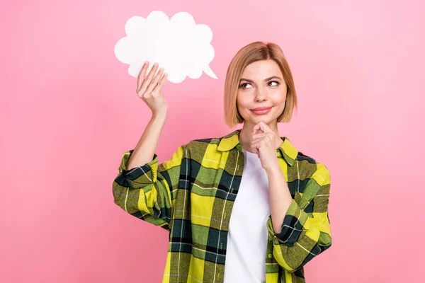 stock image Photo portrait of lovely young lady paper comics speech cloud dressed stylish checkered yellow outfit isolated on pink color background.