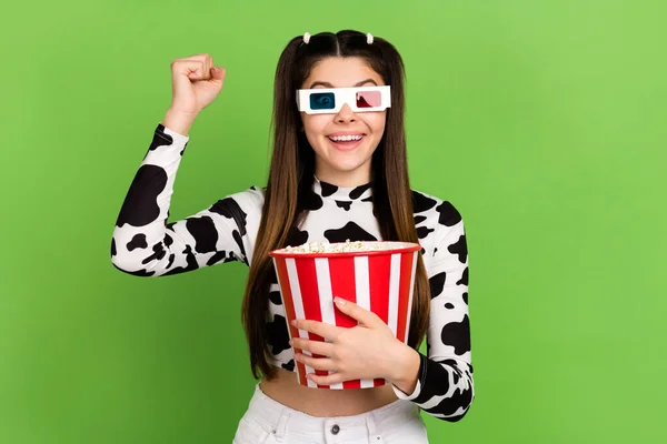 Photo Lucky Excited Girl Dressed Cowskin Top Eyewear Rising Fist — Stock Photo, Image