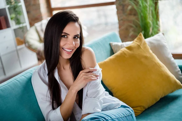 Portrait Stunning Positive Lady Sitting Comfort Sofa Hand Touch Take — Stock Photo, Image