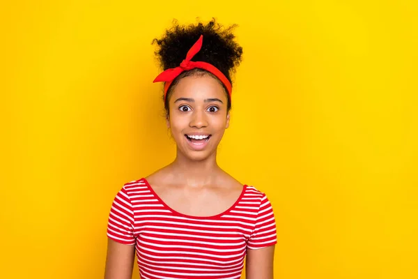 Photo Positive Excited Lady Wear Striped Red Shirt Open Mouth — Stock Photo, Image