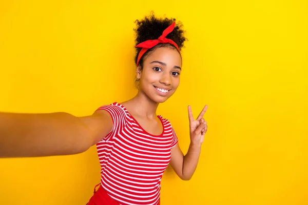 Photo Positive Pretty Lady Wear Striped Red Shirt Recording Video — Stock Photo, Image