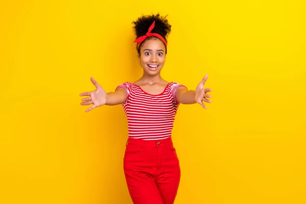 Photo Excited Pretty Lady Wear Striped Red Shirt Open Arms — Stock Photo, Image