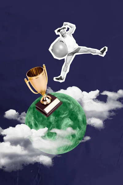 Вертикальная Картина Коллажа Черно Белого Гамма Спортивного Мини Парня Прыгать — стоковое фото