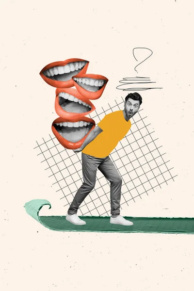 Collage Illustration Von Lustig Überrascht Junge Kerl Tragen Viel Mund — Stockfoto