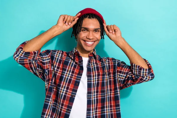 Photo Satisfied Cool Nice Guy Cornrows Dressed Checkered Shirt Arms — Stock Photo, Image