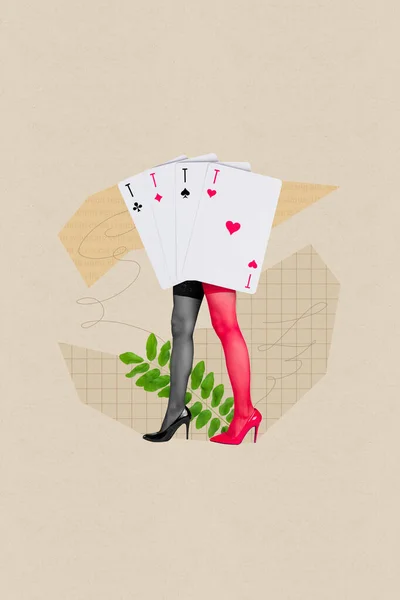 Pionowy Obraz Collage Szczupły Kształt Nogi Kobiet Poker Ace Karty — Zdjęcie stockowe