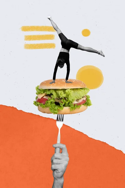 コラージュイラストプロモプラカードメニューハンバーガー描かれた背景に隔離された新鮮な健康的な自家製サンドイッチワインスポーツ女性を食べる — ストック写真