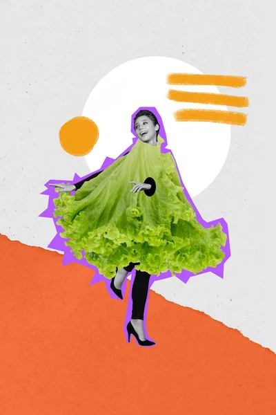 Young Funky Girl Dancing Have Fun Absurd Big Lettuce Leaf — Stock Photo, Image