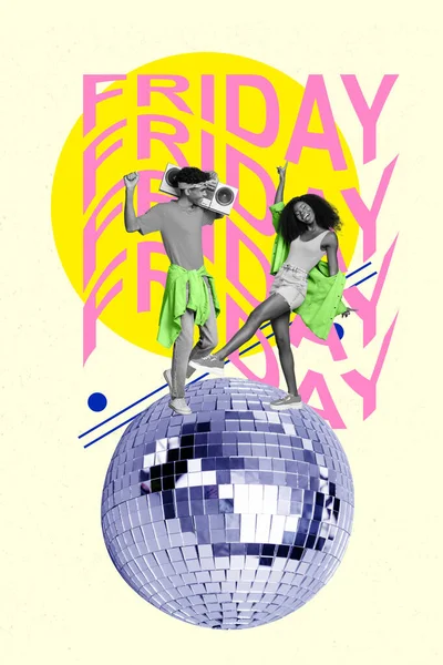 Placard Collage Dos Jóvenes Hipsters Novia Bailando Con Amigo Escuchar — Foto de Stock