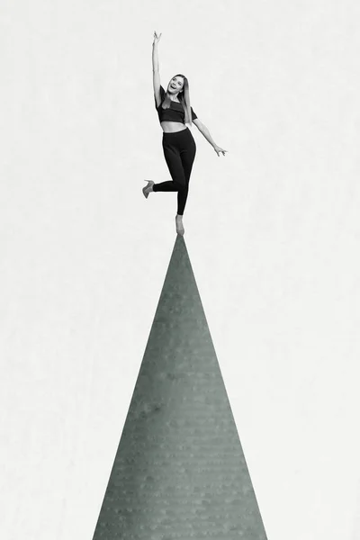 Вертикальний Абстрактний Композитний Фотоколаж Задоволеної Жінки Стоїть Вершині Піднятої Руки — стокове фото