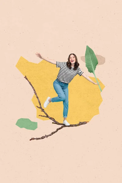 Pionowy Kolaż Obraz Wesoły Pozytywny Mini Dziewczyna Stanąć Taniec Drzewo — Zdjęcie stockowe