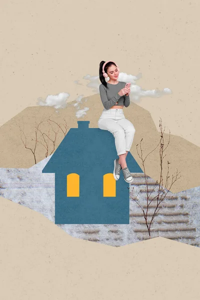 Gambar Vertikal Kolase Ilustrasi Iklan Kompleks Perumahan Duduk Atap Rumah — Stok Foto