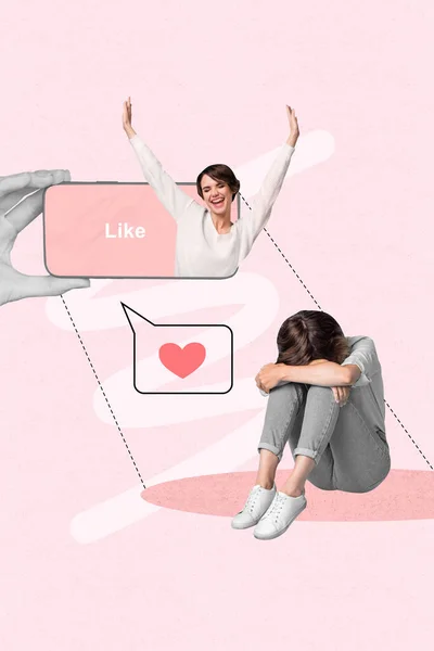 照片拼贴图片悲伤的女士显示Instagram Twitter Facebook成功的快乐生活孤立的粉色背景 — 图库照片