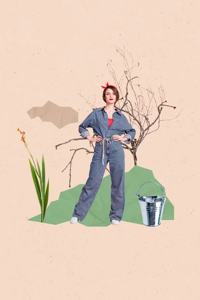 Vertical Collage Picture Pretty Confident Girl Gardener Put Hands Waist — Stock Photo, Image