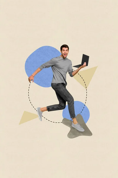 Vertical Collage Image Excited Positive Guy Use Netbook Run Arrow — Stock Photo, Image