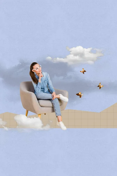Modelo Colagem Negócios Senhora Sentado Cadeira Encontrar Inspiração Hmm Pensamento — Fotografia de Stock