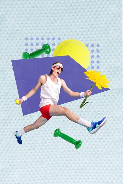 Colagem Vertical Atleta Corrida Segurar Bola Tênis Flor Presente Margarida — Fotografia de Stock