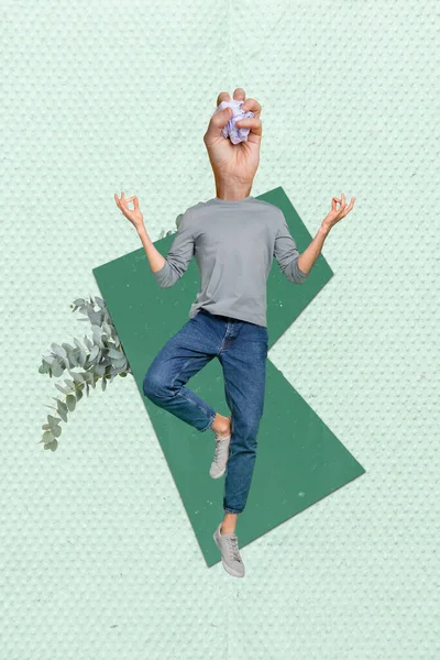Вертикальный Коллаж Изображения Безголовой Медитации Сосредоточены Абсурдный Человек Держит Руках — стоковое фото