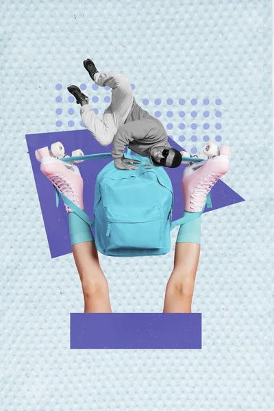 Collage Verticale Danza Funky Breakdance Giovane Uomo Positivo Blu Elegante — Foto Stock