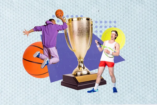 Collage Von Lustigen Sportlerfreunden Wettbewerb Basketball Werfen Dribbeln Professionelle Tennisspieler — Stockfoto