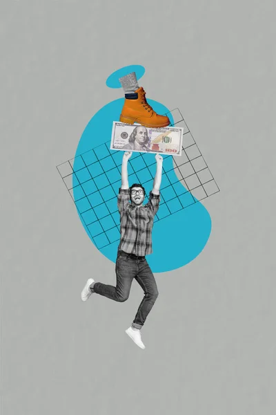 Çılgın Neşeli Adamın Poster Resmi Kolajı 100 Dolar Uçmak Alışverişe — Stok fotoğraf