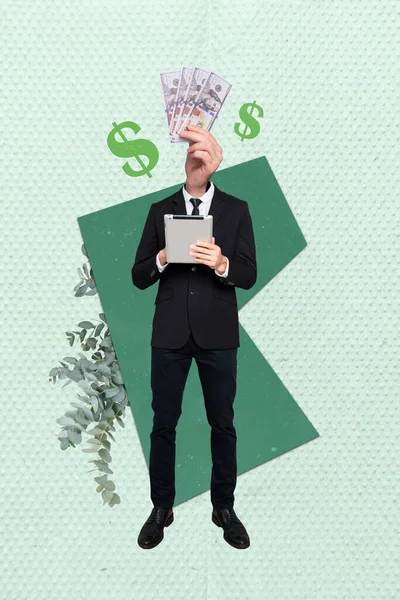 Collage Absurdo Vertical Dinero Inteligente Sin Cabeza Financiero Empresario Celebrar — Foto de Stock