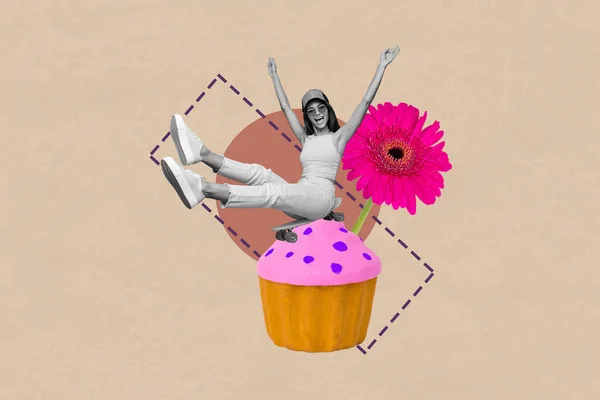 グリーティングカードはがき黒白ガンマコラージュの喜びの魅力的な女の子座っている上の大きなカップケーキ楽しいベージュの背景に隔離されています — ストック写真