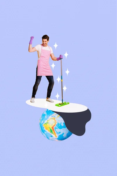 Banner Pop Skizze Collage Kunstwerk Von Crazy Guy Haushälterin Waschen — Stockfoto