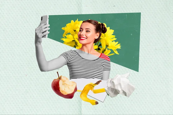 有趣的年轻女性生态活动家的照片拼贴广告牌支持清洁的地球停止污染再利用绿色背景的垃圾 — 图库照片