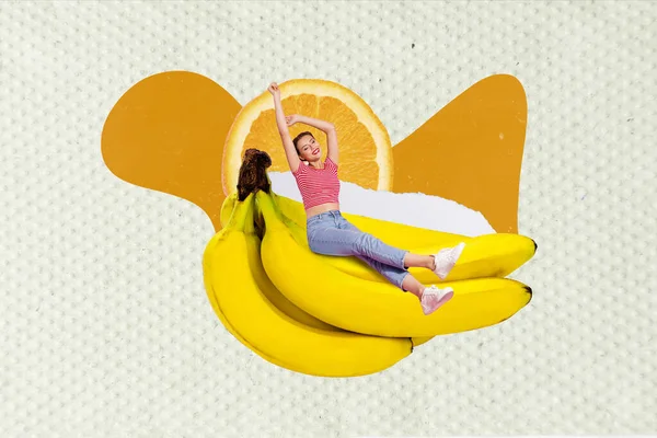 Collage Plantilla Divertido Joven Relajado Sentado Frutas Plátano Maduro Sabroso —  Fotos de Stock
