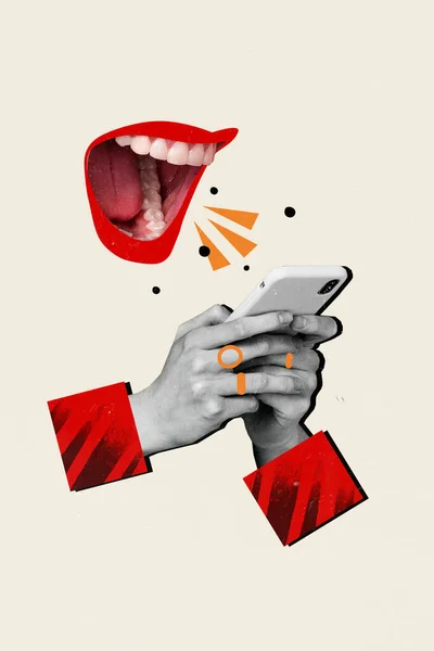 Komik Insan Ağzının Dikey Kolajı Negatif Ruh Hali Agresifliği Bej — Stok fotoğraf