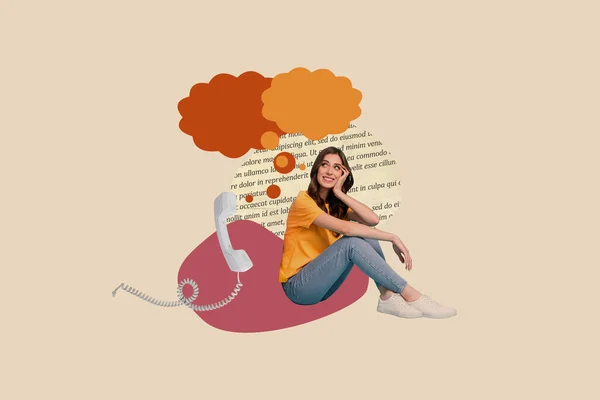 Collage banner of thoughtful dreaming woman bubble cloud listening contact telemarketing call center phrases isolated on beige background.