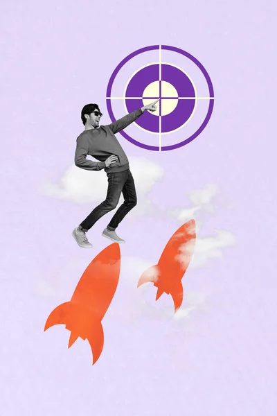 Artwork Collage Cool Ung Affärsman Regissera Finger Center Bullseye Raket — Stockfoto