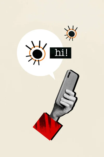 Photo Collage Artwork Hand Hold Modern Gadget Chatting Instagram Twitter — Stock Photo, Image