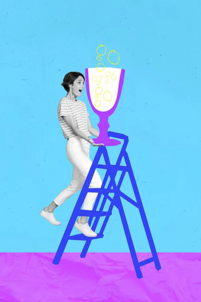 Poster Arte Colagem Imagem Menina Positiva Funky Subir Escadas Transportar — Fotografia de Stock