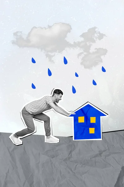 黑白效果男子双手的垂直拼贴图像 在富有创意的灰色背景下 将小房子推开 远离雨水的风暴 — 图库照片