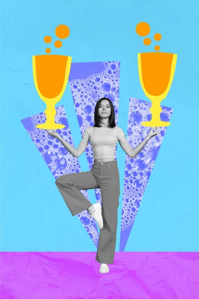 Imagen Ilustración Cuadro Collage Chica Encantadora Concentrada Presentando Bebida Sabrosa —  Fotos de Stock