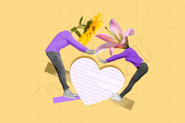 面白い精力的なアクティブカップルの創造的な描画コラージュ画像日付ジャンプハート形頭夢のような花の花の農業の花 — ストック写真