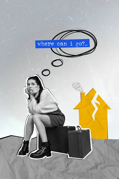 Vertikale Collage Von Unzufriedenen Schwarz Weiß Effekt Mädchen Sitzen Valise — Stockfoto