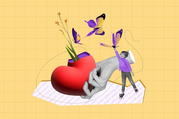 创意抽象模板拼贴小男孩男子蝴蝶飞舞心形情人节爱情自然植物花 — 图库照片