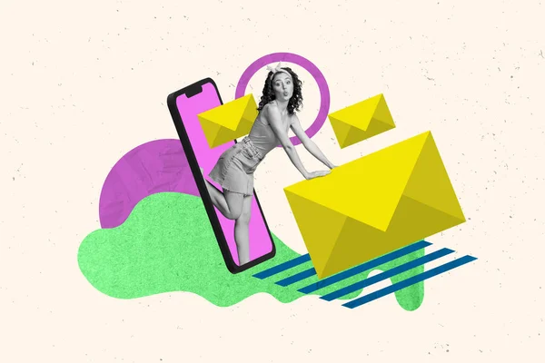 Colagem Tendência Criativa Jovem Atraente Feminino Tela Senhora Smartphone Dispositivo — Fotografia de Stock