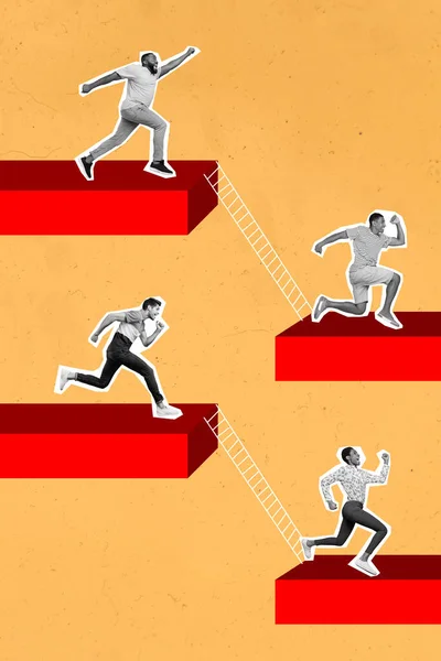 Image Picture Collage Workers Running Jumping Stairs Achieving Career Progress — Stock Photo, Image