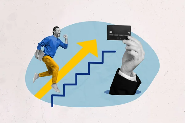Collage Illustration Eines Leitenden Geschäftsmannes Rennt Die Treppe Hinauf Grafischer — Stockfoto