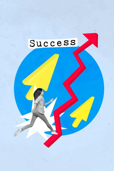 Вертикальный Коллаж Плакат Черно Белая Гамма Работа Успешной Девушки Запустить — стоковое фото