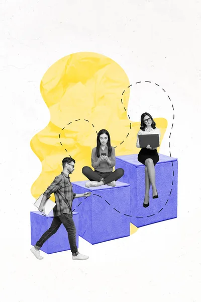 Poster Collage Opere Arte Tre Persone Sedersi Piattaforma Lavoro Duro — Foto Stock